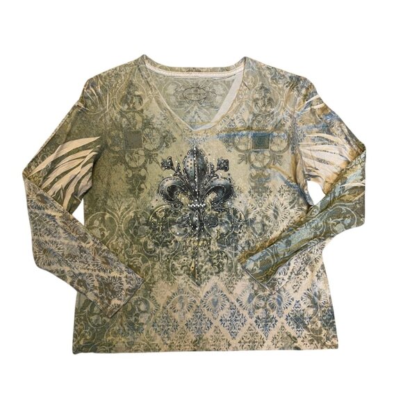 Y2K plus size Fleur De Lis Studded Long Sleeve V-neck Shirt watercolor burnout - Picture 1 of 6